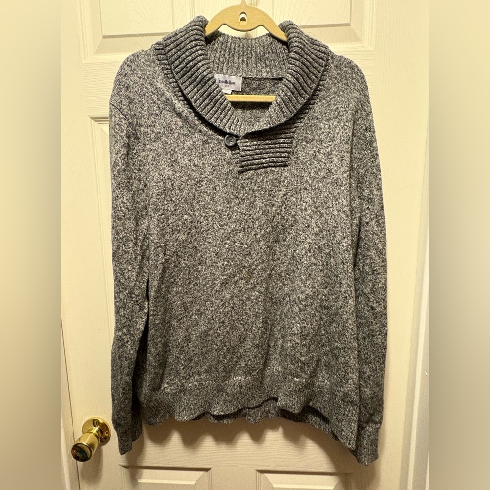 Mens Gray Shawl Collar Sweater XL Button Neck Knit Pullover Casual